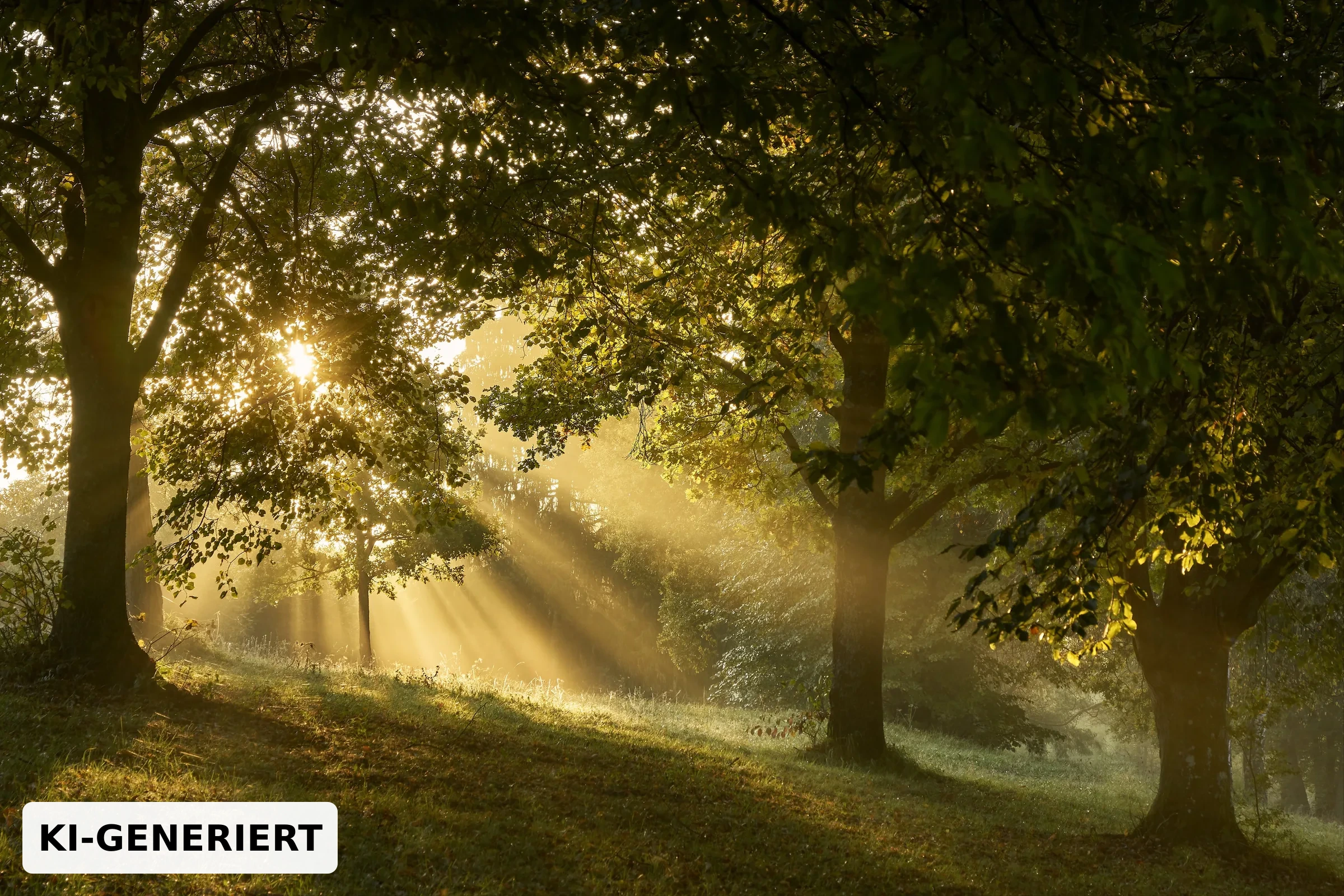 Sonnenlicht fällt durch die Baumkronen eines ruhigen Waldes